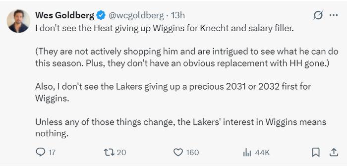 足球-热记透露湖人交易维金斯要点:湖媒列4换1方案出首轮 完美先发可冲冠