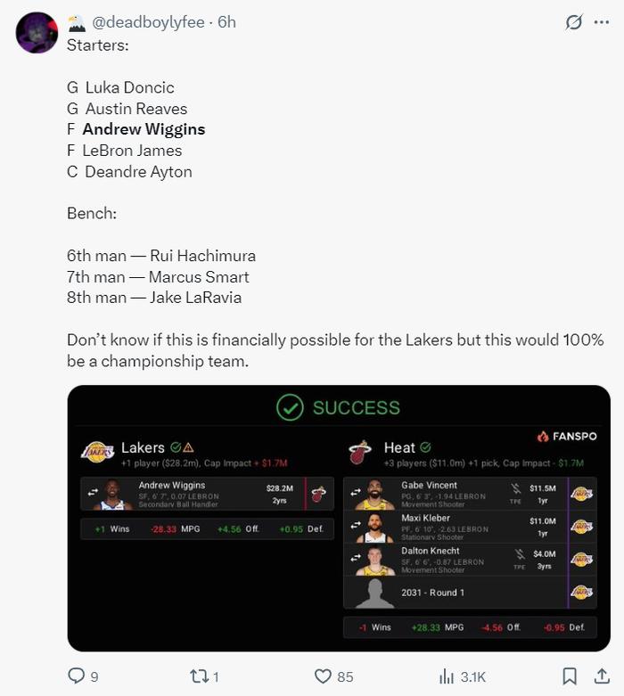 足球-热记透露湖人交易维金斯要点:湖媒列4换1方案出首轮 完美先发可冲冠